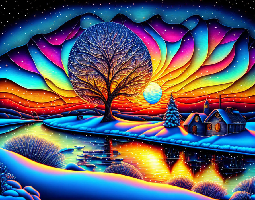 Colorful Tree and Cottage Artwork with Snowy Landscapes