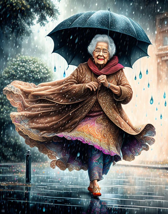 Elderly lady smiling under black umbrella in rain wearing shawl & colorful dress