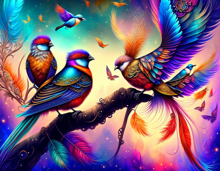 Colorful digital artwork featuring stylized birds and floral elements