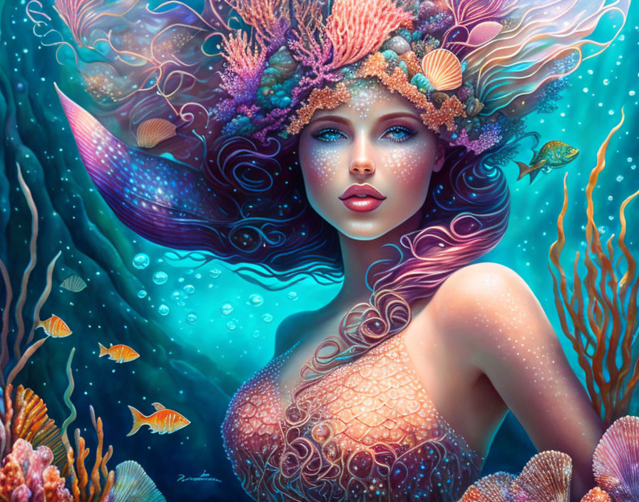 Colorful underwater portrait of a woman with marine life and coral.