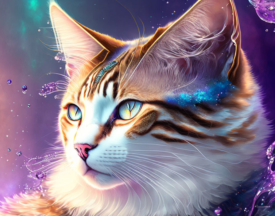 Majestic cat with cosmic-patterned fur and blue eyes on purple background