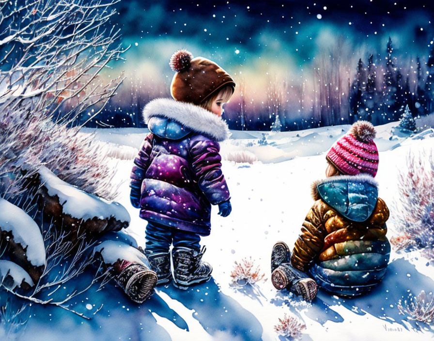 Children in winter clothing admire snowy landscape under northern lights