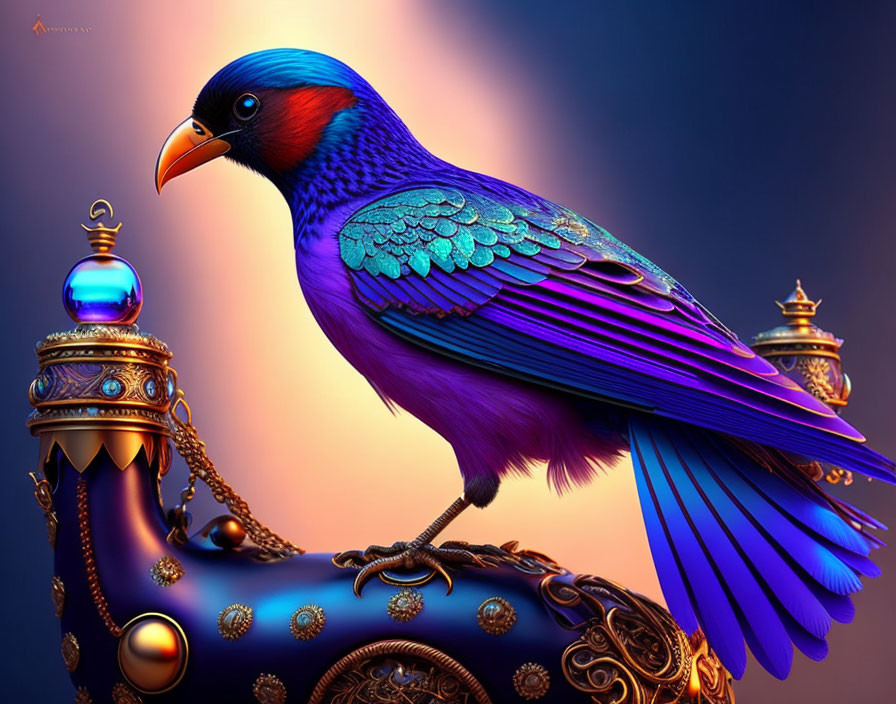 Colorful bird illustration perched on jewel-encrusted object