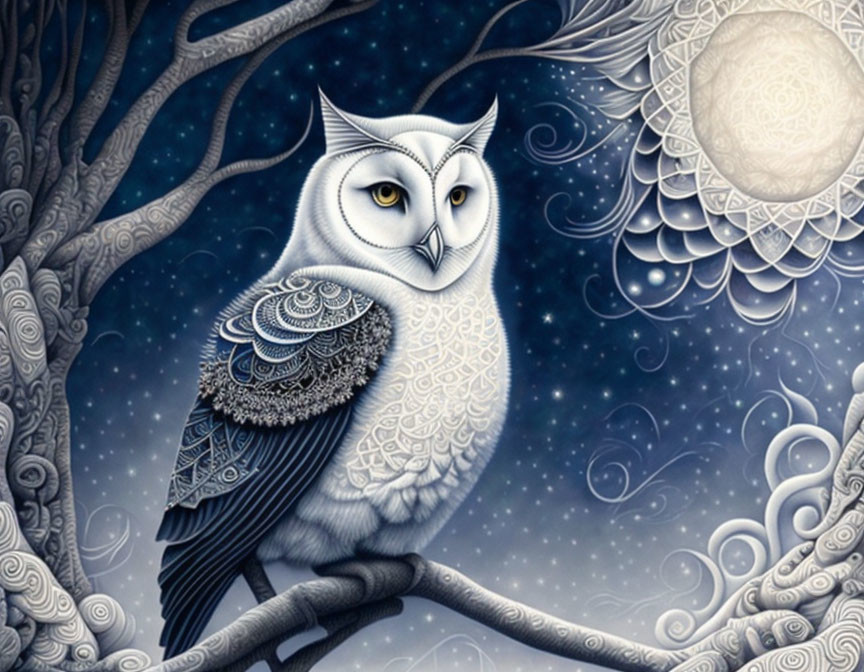 Detailed owl on branch against night sky with full moon & swirl patterns