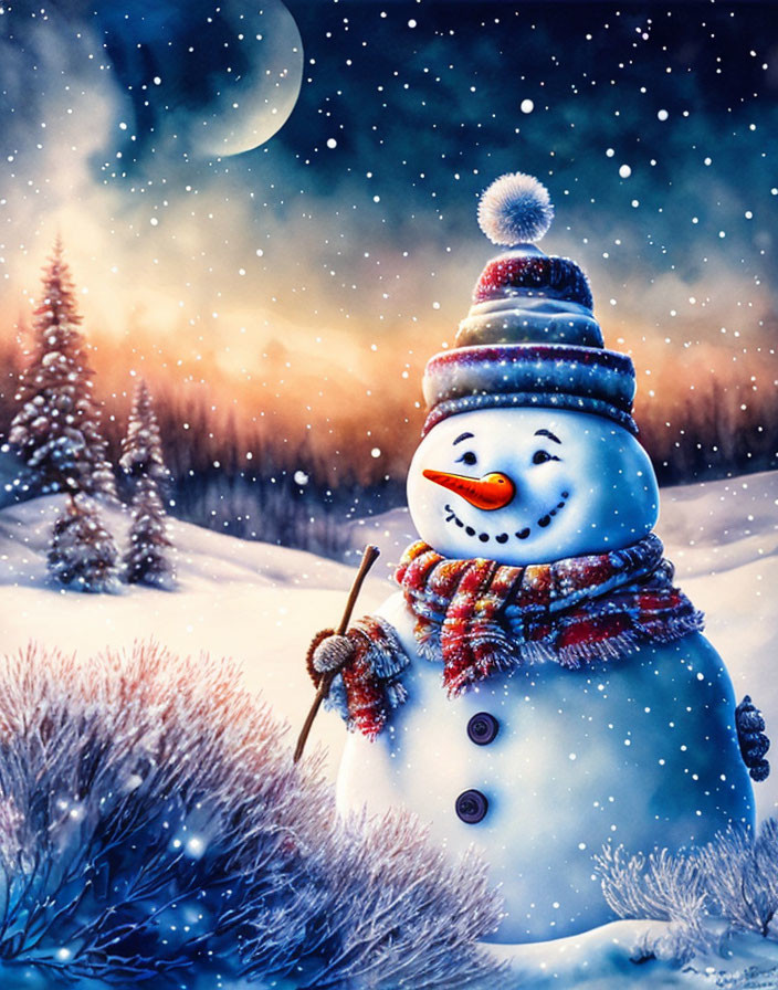 Snowman with carrot nose in snowy landscape under starry night sky