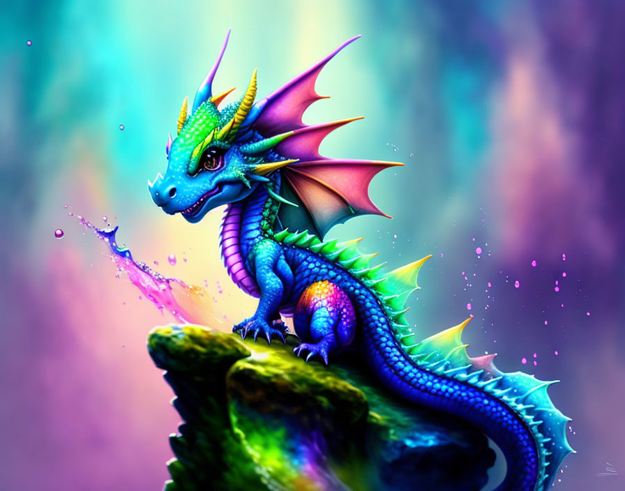 Colorful Small Dragon Illustration with Blue and Green Scales and Purple Wings