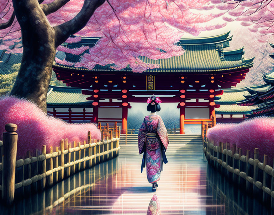 Woman in kimono at Japanese shrine under cherry blossoms