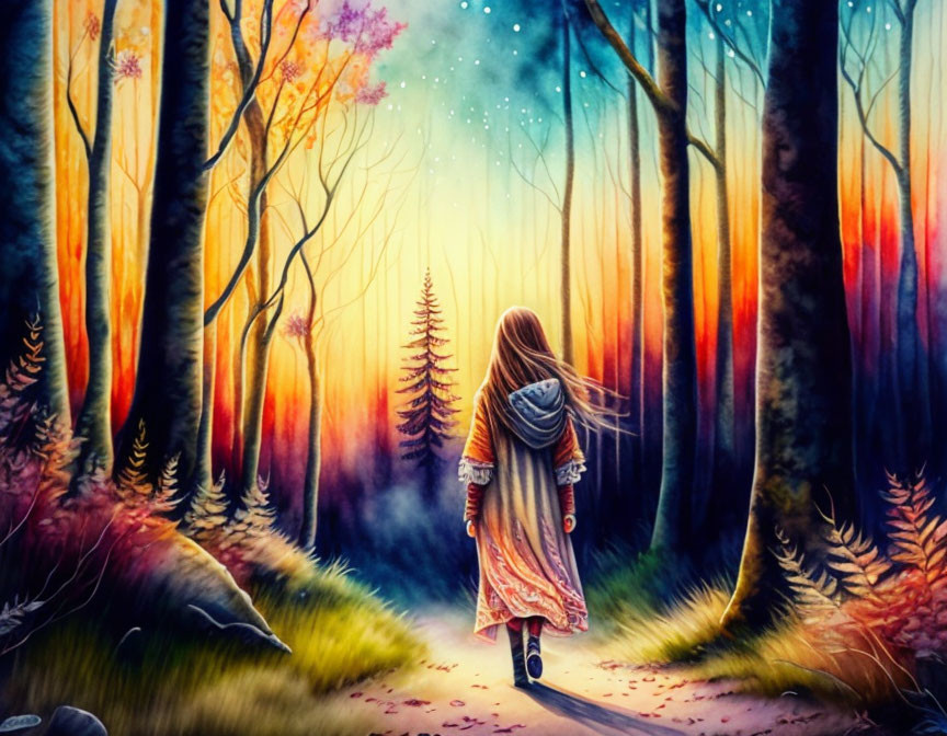 Girl walking on forest path at sunset with stars and mystical lights