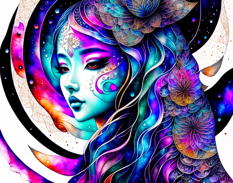 Colorful Stylized Woman Artwork with Cosmic Background