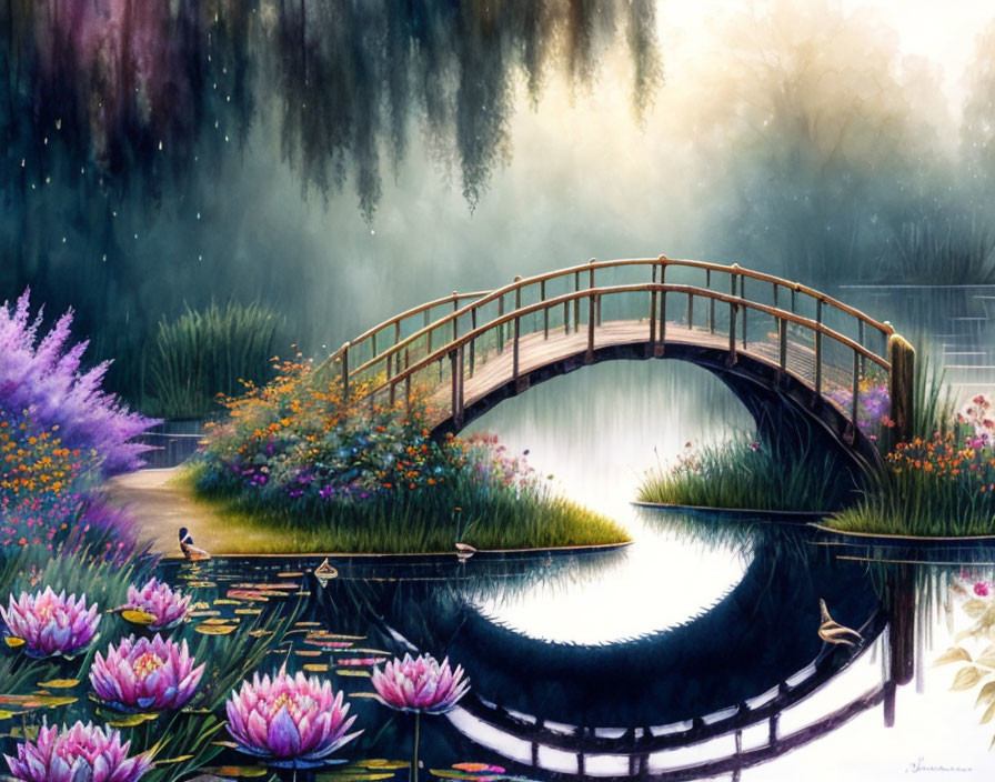 Tranquil painting of wooden bridge over calm pond surrounded by lush flowers and willow trees