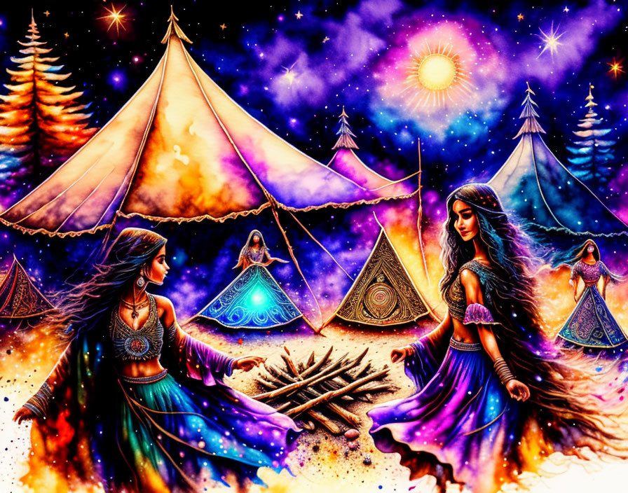 Fantasy artwork: Two women by campfire under starry sky