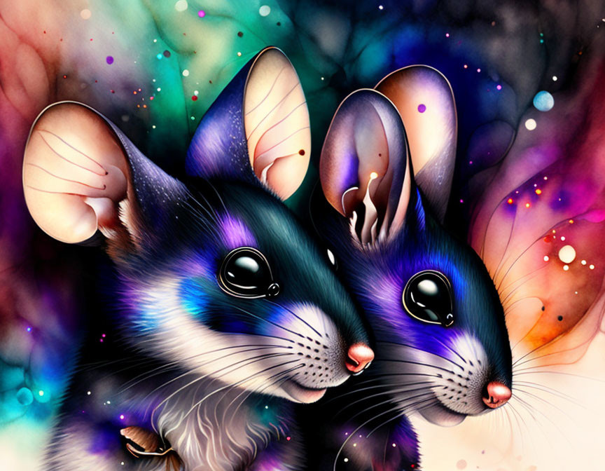 Colorful Cosmic-Themed Mice Illustration with Stardust Mist