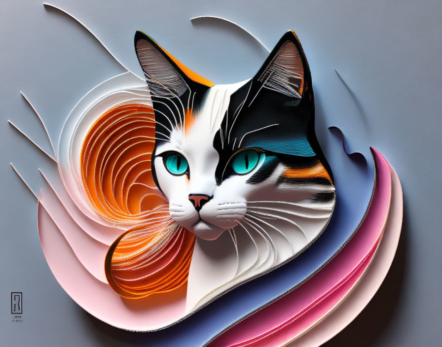 Vibrant paper art of a cat with blue eyes and swirling fur patterns