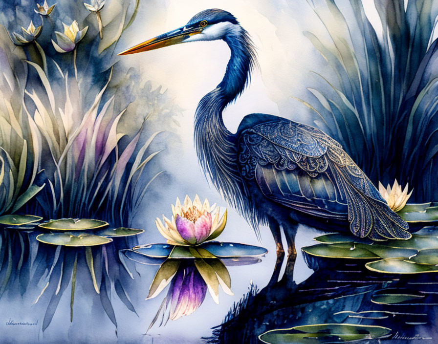 Detailed Heron Among Water Lilies in Blue and Purple Palette