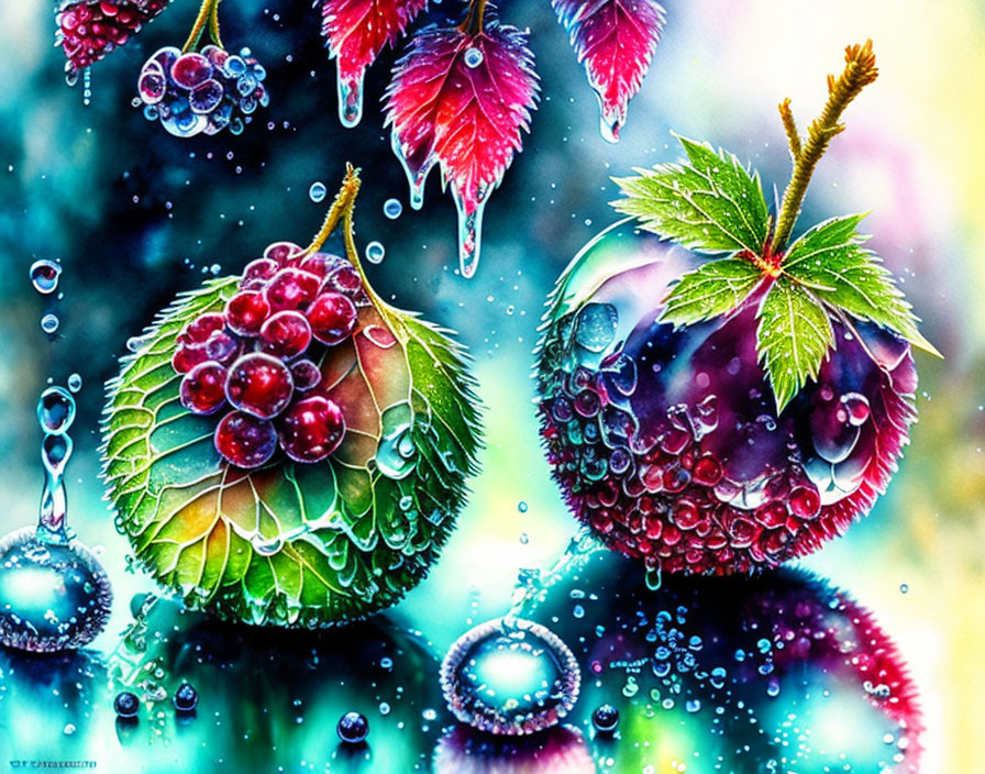 Colorful Fruits, Leaves, and Water Droplets in Red, Green, and Blue