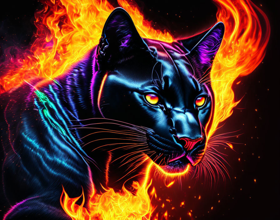 Digital artwork: Black panther with red eyes in blue and orange flames