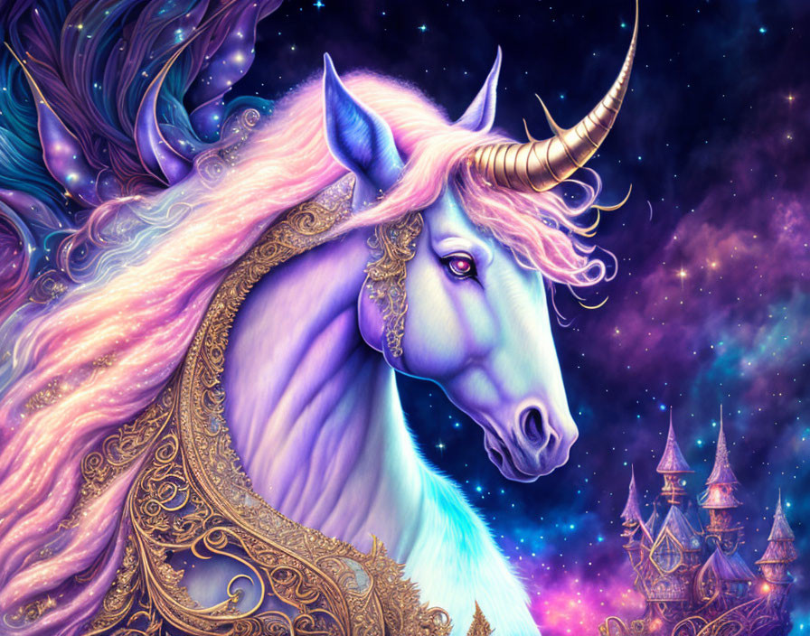 Majestic unicorn with golden horn in cosmic scene