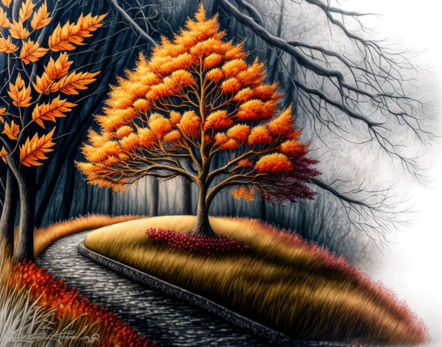 Colorful autumn tree contrasts with monochrome forest path