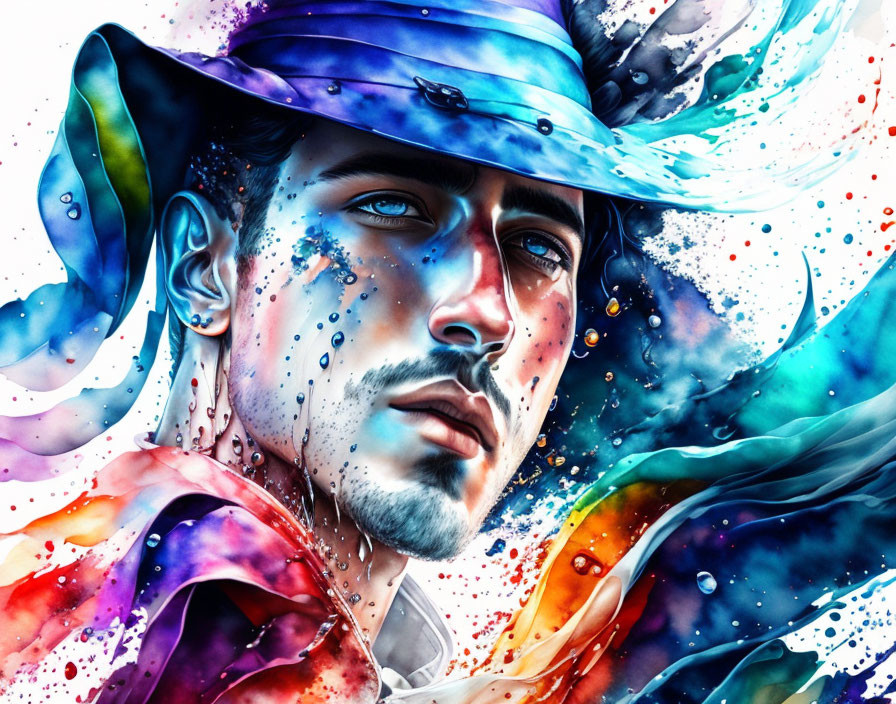 Vibrant digital painting of a pensive person in a hat surrounded by colorful splashes