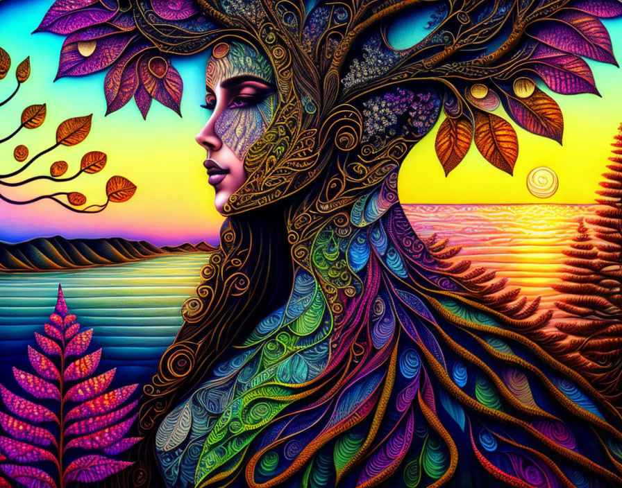 Colorful Nature-Inspired Artwork of Woman's Profile