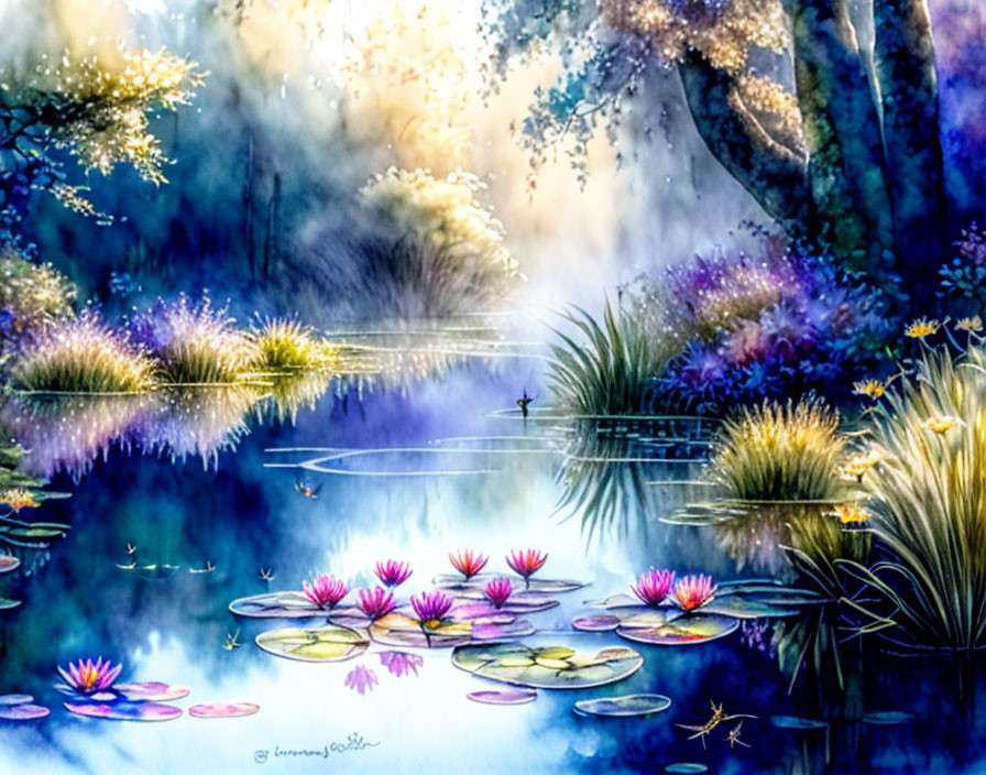 Tranquil watercolor painting of pond with lily pads and vibrant flora