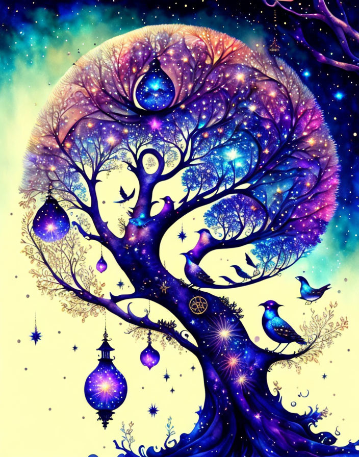 Colorful whimsical tree illustration with hanging lanterns and birds on starry night sky