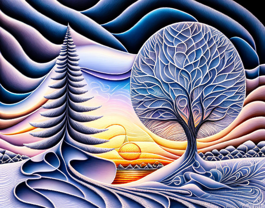 Colorful nature scene with tree, hills, and sun in intricate patterns