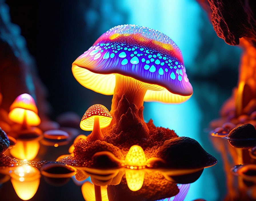 Colorful Bioluminescent Mushroom Art in Dark Setting