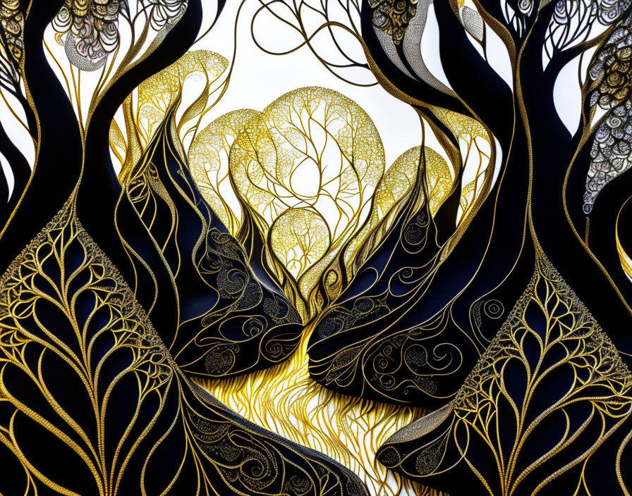 Stylized black trees with gold and white swirl patterns on golden background