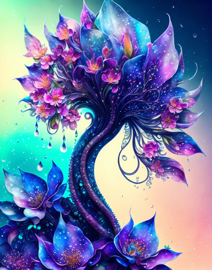 Colorful illustration of whimsical tree with galaxy-patterned leaves and pink flowers