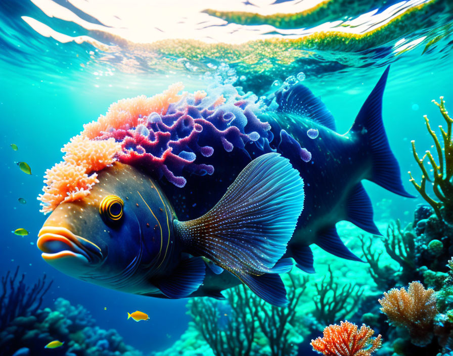 Colorful Fish with Coral-Like Growth Swimming in Underwater Scene