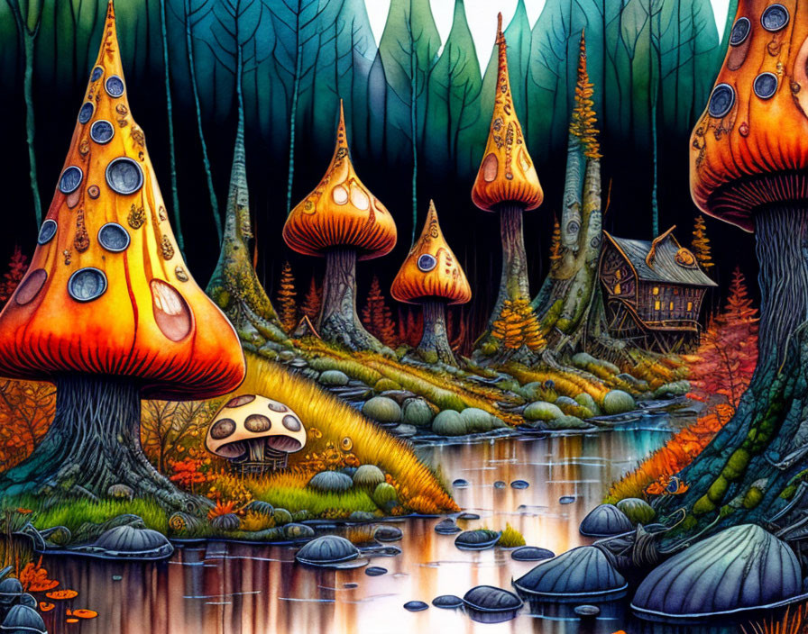 Fantastical forest with oversized mushrooms, wooden house, and reflective stream