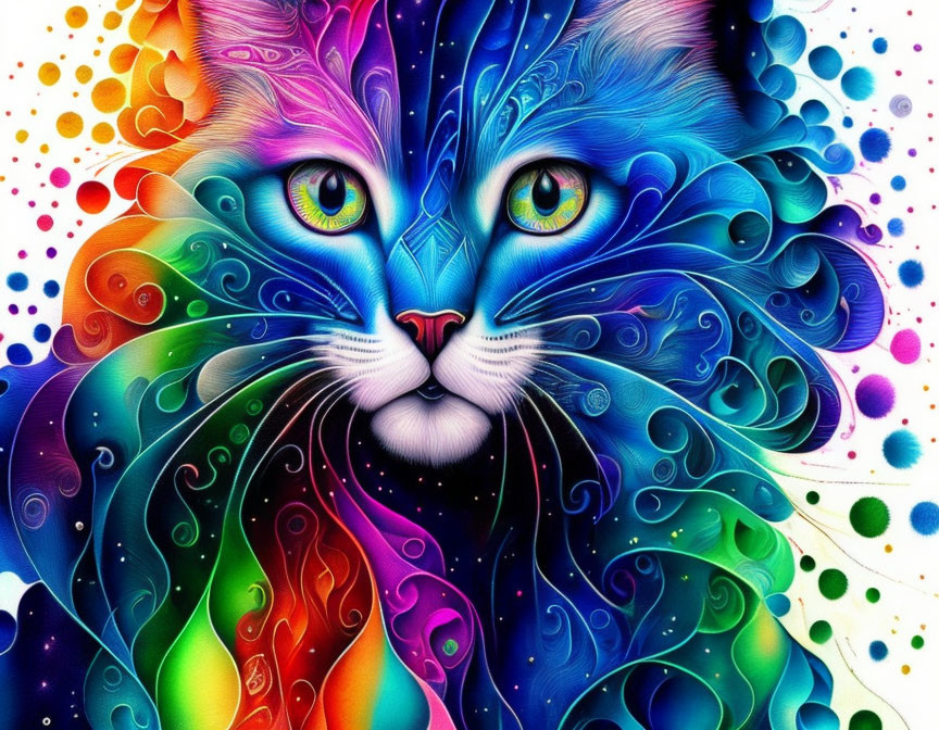 Colorful Whimsical Cat Illustration with Swirling Patterns