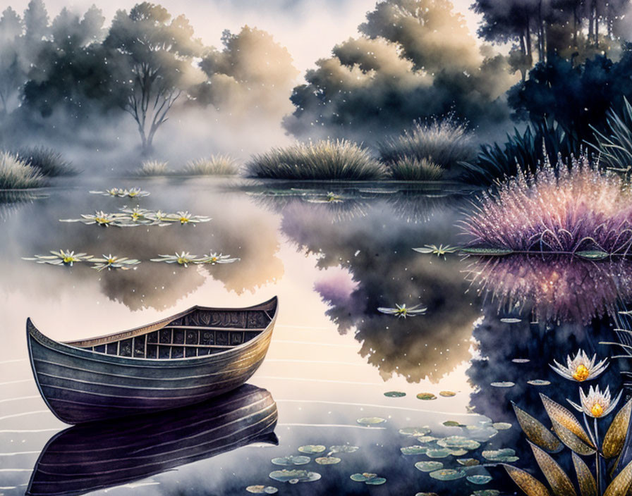 Tranquil lake with canoe, water lilies, trees, and shrubs