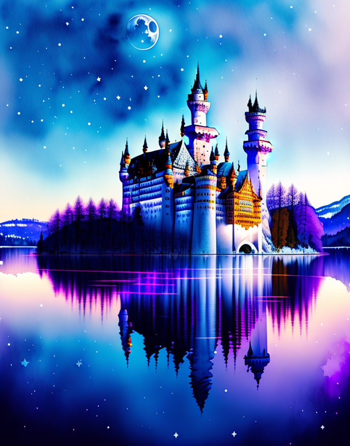 Colorful Castle Night Scene with Crescent Moon and Lake Reflection