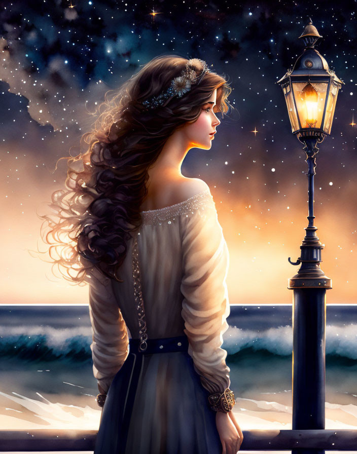 Curly-haired woman in vintage dress gazes at starry sky by ocean at twilight