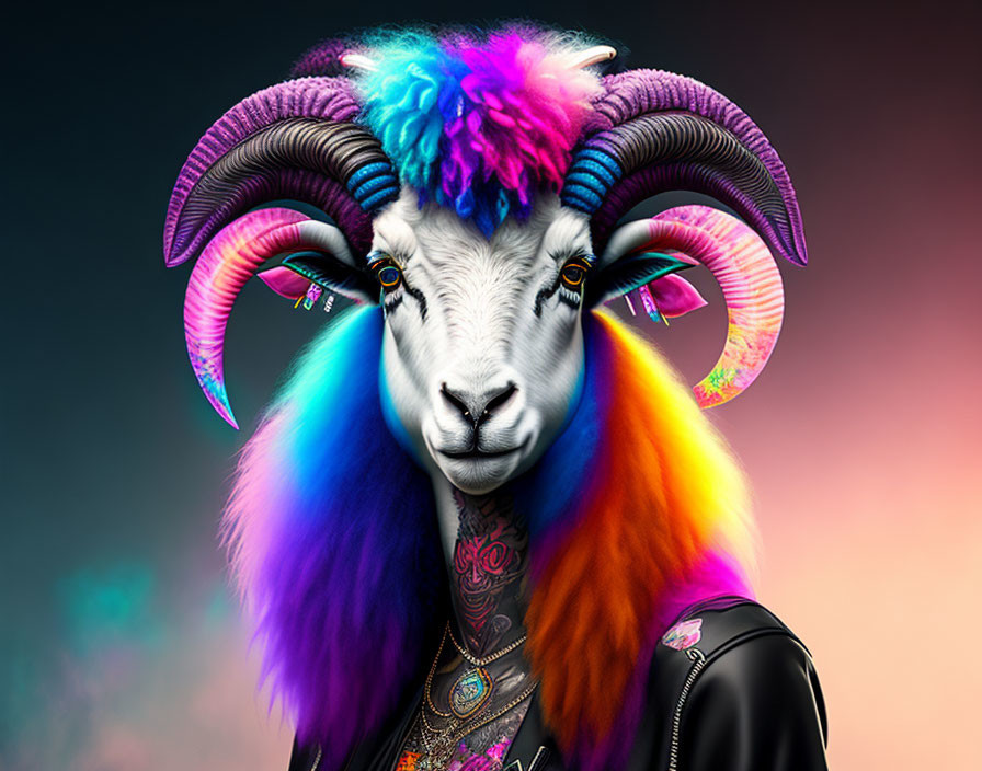 Colorful stylized ram with multicolored fur, piercings, and jacket on smoky