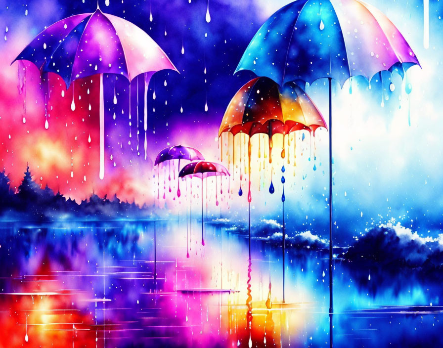 Colorful umbrellas in surreal rainy sky with pink, blue, and purple hues.