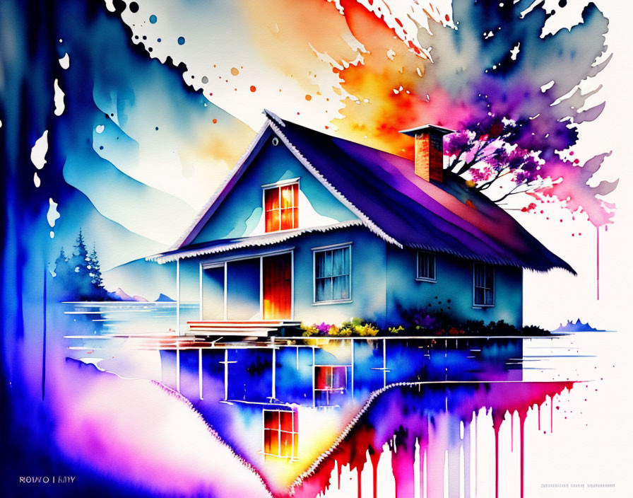 Vibrant Watercolor Painting of Cozy House and Melting Sky