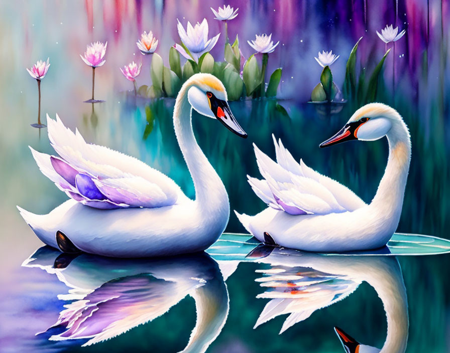 Swans on tranquil water with lotus flowers and dreamy backdrop