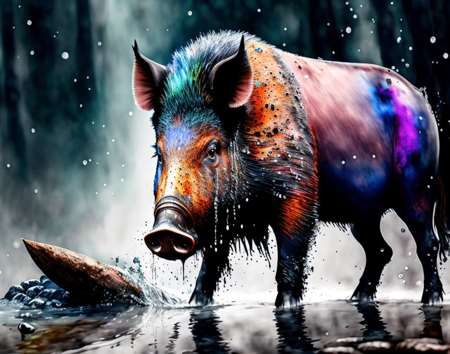 Colorful wild boar near water in misty setting