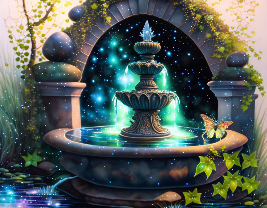 Glowing cosmic fountain in lush greenery with illuminated butterfly