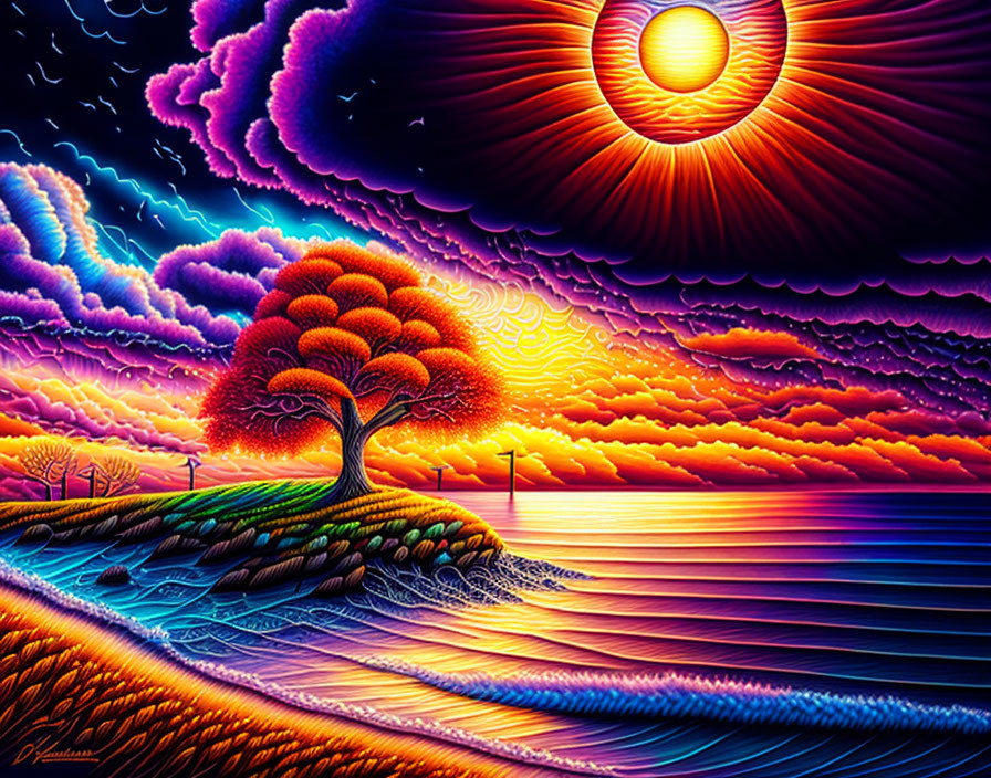 Colorful Psychedelic Landscape with Stylized Tree and Swirling Sun