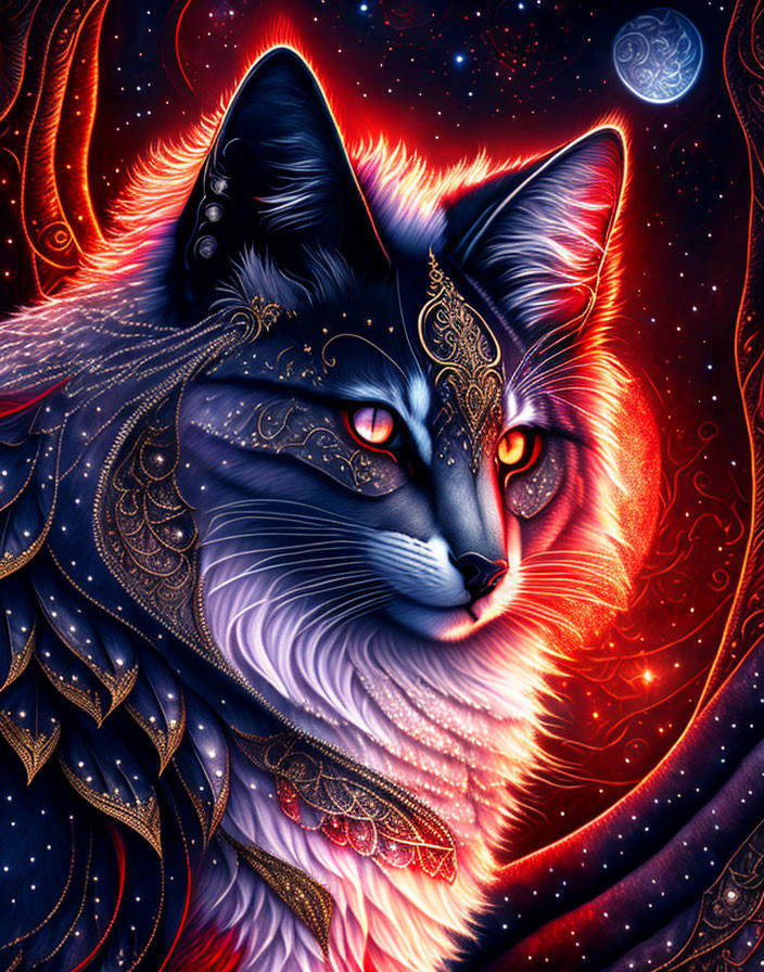 Majestic cat with blue and pink fur in cosmic setting