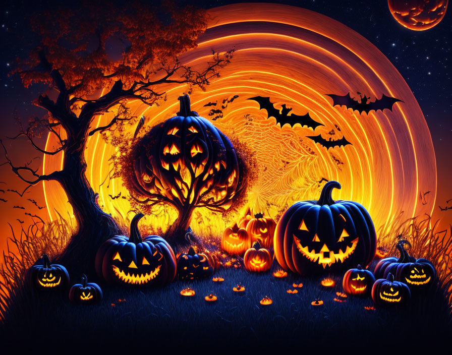 Vibrant Halloween scene with carved pumpkins, swirling sky, bats, and large moon