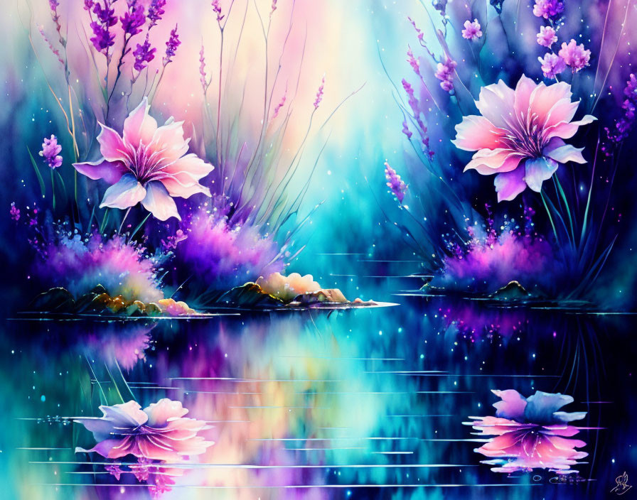 Colorful Floral Artwork with Water Reflections on Dreamy Background