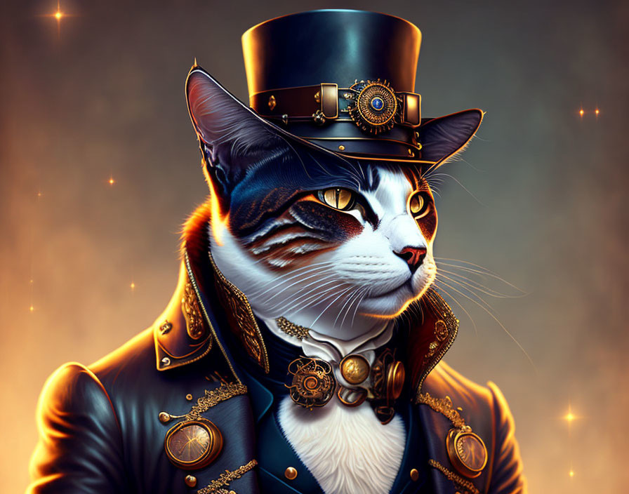 Digital artwork: Cat with human-like features in steampunk attire and mystical orange glow.