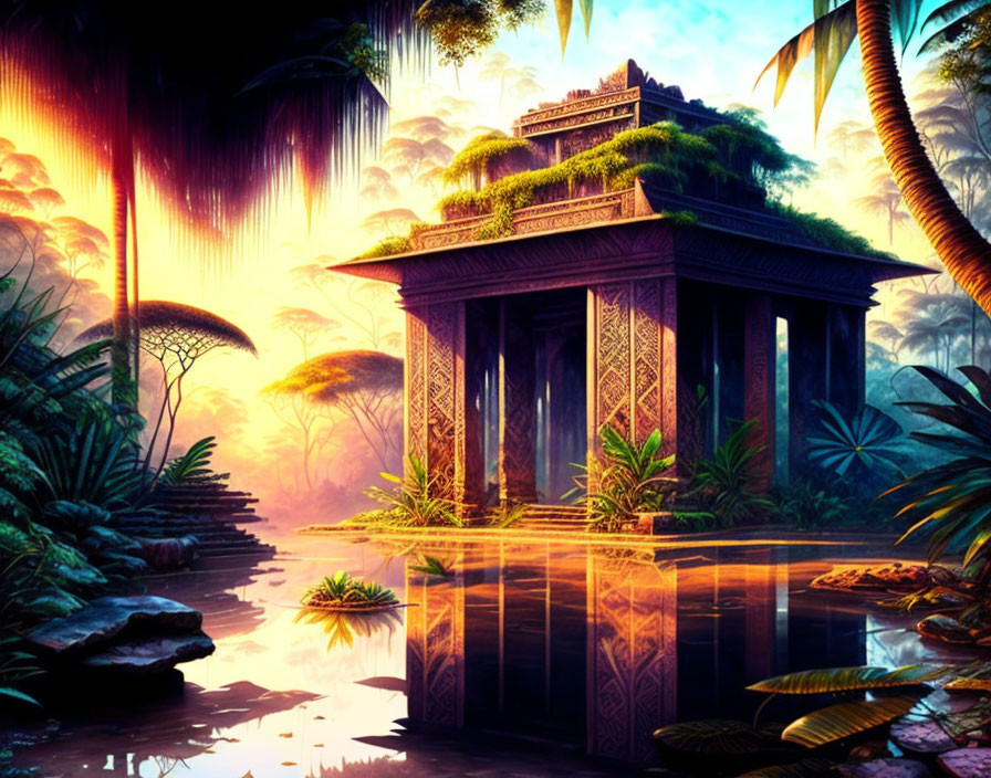 Ancient temple in mystical jungle with sunrise reflection