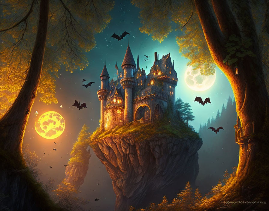 Moonlit castle on cliff in mystical forest with flying bats at night