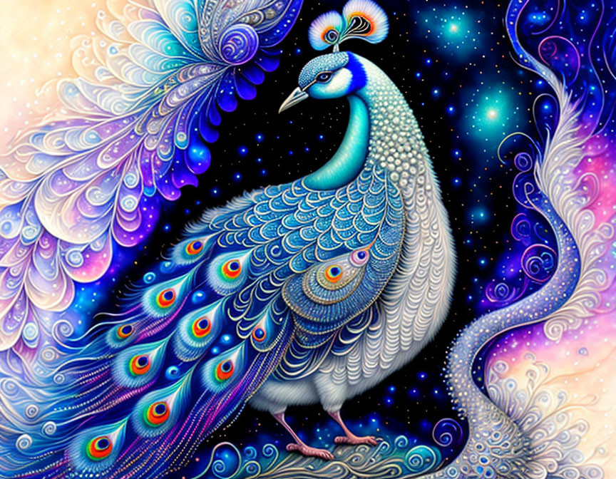 Vibrant peacock illustration with cosmic background